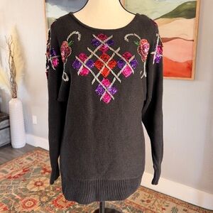 Vintage Sequined Floral Black Sweater